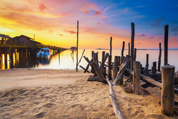 Amazing sunrise in the fishing village of Sembulang beach, Batam island
