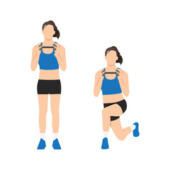 Woman doing Dumbbell curtsy lunge exercise. Flat vector illustration isolated on white background - obrazy, fototapety, plakaty