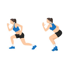 Woman doing Sprinter lunge exercise. Flat vector illustration isolated on white background - obrazy, fototapety, plakaty