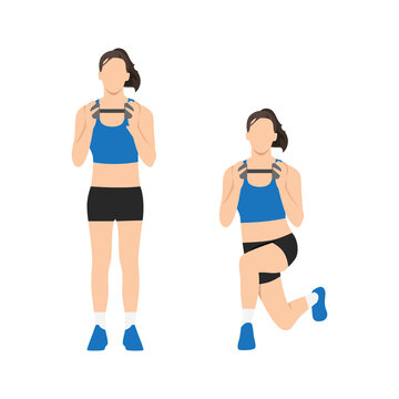 Woman Doing Dumbbell Curtsy Lunge Exercise. Flat Vector Illustration Isolated On White Background