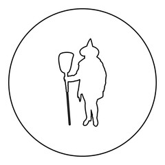 Fairy Wizard Witch standing with broom Subject for Halloween concept silhouette in circle round black color vector illustration contour outline style image