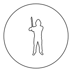 Man with sword machete Cold weapons in hand military man Soldier Serviceman in positions Hunter with knife Fight poses Strong defender Warrior concept Weaponry Stand silhouette in circle round black 