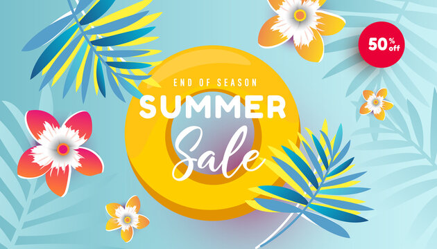 Sale summer banner tropical background with exotic palm leaves and hibiscus flowers.