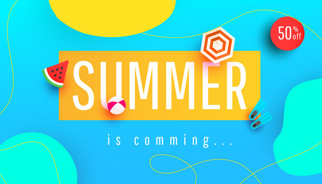 Summer is coming banner vector illustration with tropical leaves, bubble forms and beach accessories pattern background. Promotion banner for website, flyer and poster