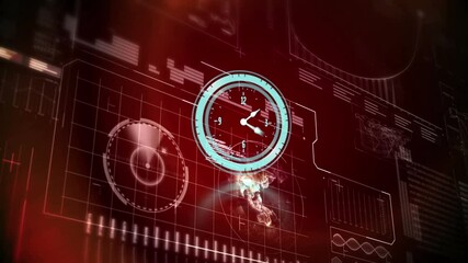 Animation of hands turning on blue clock over interface with data processing