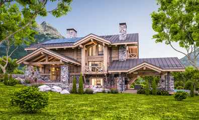 3d rendering of modern cozy chalet with pool and parking for sale or rent.  Massive timber beams columns. Beautiful forest mountains on background. Clear summer evening with cozy light from window
