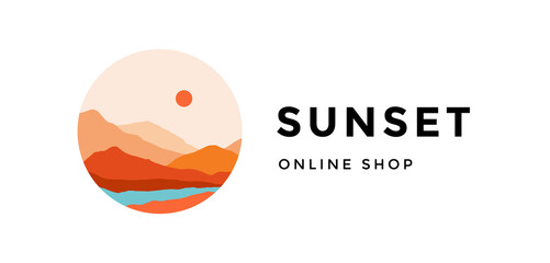 Logo, logotype, sign. Sunset, online shop. Logo with abstract landscape mountain, sky and sunset view. Minimalist style landscape view, mountain, hill and sun. Abstract style. Vector Illustration