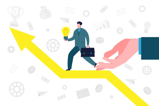 Business concept. An investor or business angel supports an aspiring entrepreneur with a new idea to start a business, overcoming obstacles and achieve success and profits. Startup vector illustration