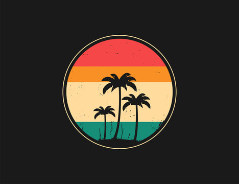 Abstract Tropical Palm Tree Illustration. Vintage And Retro Circle Logo With Palm Trees.