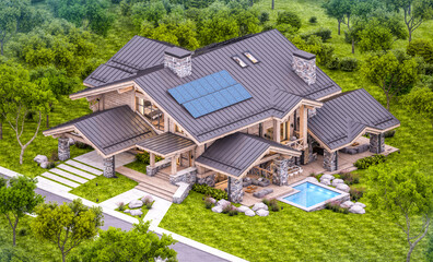 3d rendering of modern cozy chalet with pool and parking for sale or rent.  Massive timber beams columns. Beautiful forest mountains on background. Clear summer evening with cozy light from window