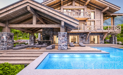3d rendering of modern cozy chalet with pool and parking for sale or rent.  Massive timber beams columns. Beautiful forest mountains on background. Clear summer evening with cozy light from window