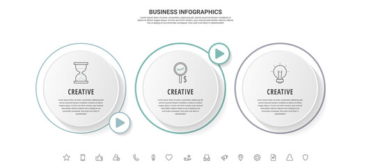 Business vector infographics with three line circles. Timeline visualization with 3 steps for diagram, flowchart, banner, presentations, web, content, levels, chart, graphic