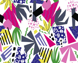 Obraz premium Abstract Hand Drawing Colorful Geometric Shapes Flowers and Leaves Seamless Vector Pattern Isolated Background