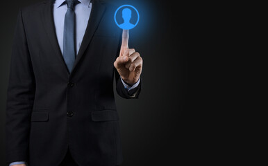 Businessman in suit holding out hand icon of user. Internet icons interface foreground. global network media concept,contact on virtual screens ,copy space
