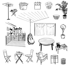 Outdoor patio scenario sketch. watercolor vector illustration