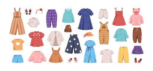 Set of kid's casual clothes. Child's garments for summer. Apparel, shoes and accessories for boys and girls. Colored flat vector illustration of dress, pants, jumpsuit isolated on white background