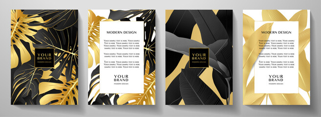 Luxury tropical cover, frame design set with gold palm branch (Banana leaf, golden Monstera plant) on black. Exotic background vector pattern for cafe menu template, summer holiday poster, wedding