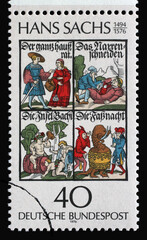 A stamp printed in Germany showing Illustrations for the books by Hans Sachs, 400th anniversary of the death of Hans Sachs (1494–1576), circa 1976