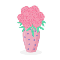 Vase with a beautiful bouquet of festive pink roses with leaves.  Vector illustration.