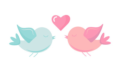 Сute birds in love. Stylish sticker for Valentine day. Vector illustration. 