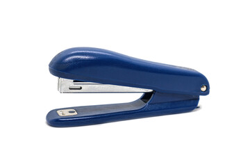Blue plastic stapler on a white background. Stationery for stapling sheets of paper. 