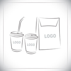 Cardboard cup for coffee and drinks and fast food bag. Mockup branding packages of blank elements. Sketch drawing.