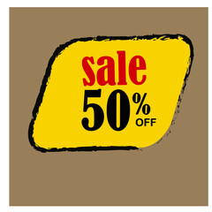 Tag de desconto de 50% para promoções. Fundo amarelo, numero preto e sale em vermelho.