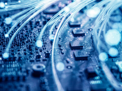 UK, Bucks, High Wycombe, Optical fibers on mother board