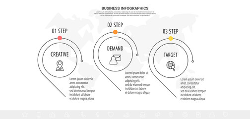 Line minimal vector infographics timeline with three steps. Circle chart process template. Modern timeline for company or corporate business project, presentation, web, diagram, content