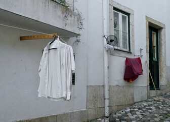 clothes drying outdoor typical street view in Portugal 