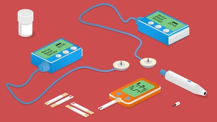 Isometric diabetes equipment set with insulin pump, glucometer, test strips, lancet.
