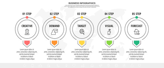 Vector line infographics template for five arrows and circles. Business concept with 5 elements and icons. Modern blank space for chart, content, step for step, timeline, diagram, web
