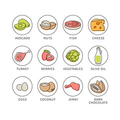 Vector set of logos, badges and icons for keto diet products. Collection symbol of healthy eating.