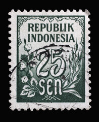 Stamp printed in Indonesia shows Rice and Cotton, 25 Indonesian sen, series, circa 1951