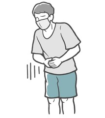 マスクをして、お腹に手をあてる腹痛の若い男性