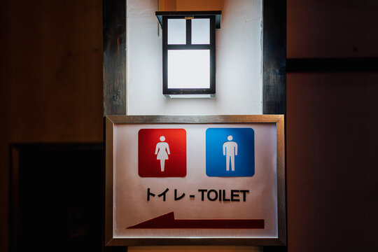 Signboard with pointer to toilet at city street