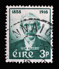 A stamp printed in Ireland shows Tom Clarke 1858-1916, Birth Centenary of Thomas J. Clarke, circa...