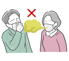マスクをした口臭がきつい中年女性と鼻をつまむ若い男性