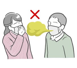 マスクをした口臭がきつい中年男性と鼻をつまむ若い女性