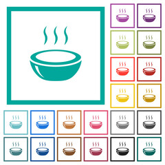 Glossy steaming bowl flat color icons with quadrant frames