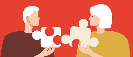 Old couple with puzzle, harmony of man and woman relationship, flat vector stock illustration with aging in couple as love concept