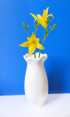 Bouquet of yellow daylilies flowers  in white vase on white blue shelf in the bathroom. The freshness of a summer morning, Elegant decor bathroom interior. lemon yellow daylilies or Hemerocallis