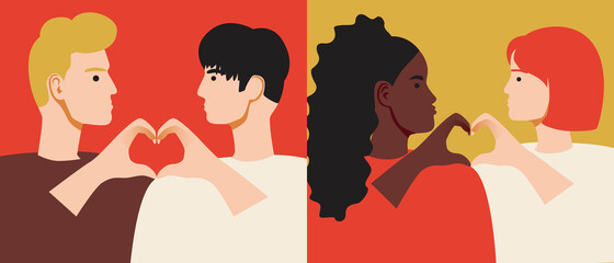 Set of LGBTQ Couples, Hands with Heart, Flat Vector Stock Illustration with Lesbians and Gays with Heart from Fingers as LGBT Relationship Concept