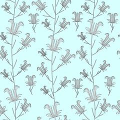 Black and white sprigs of bell flowers on a blue background. Floral seamless summer pattern. For wallpaper, tiles, fabrics.