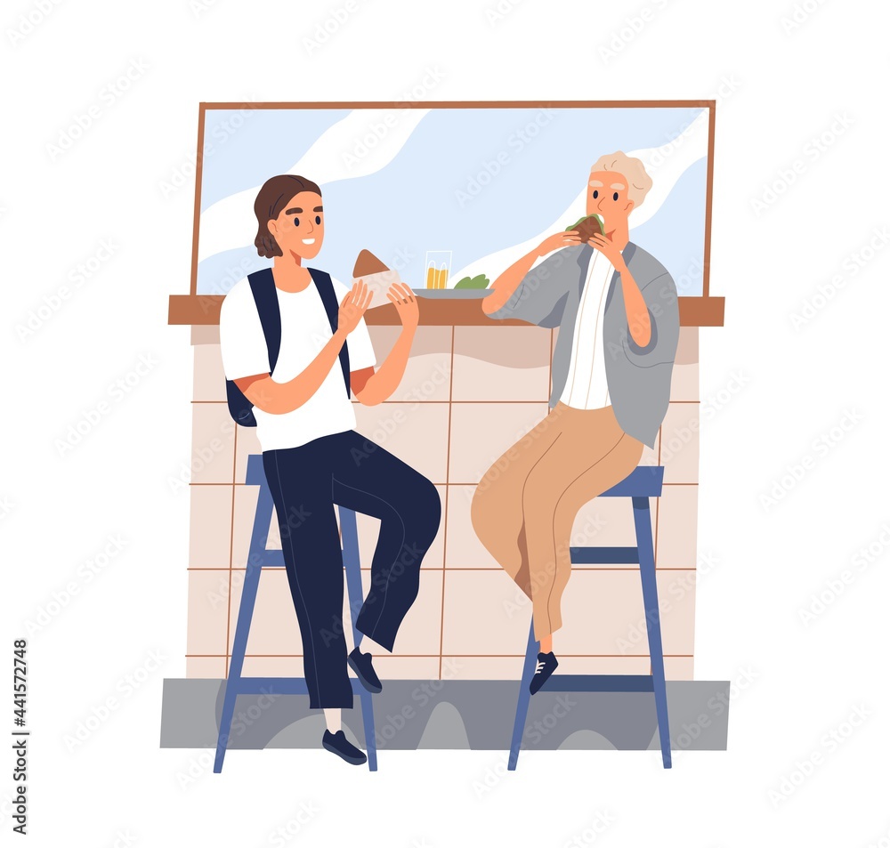 Wall mural friends meeting and eating out together. young men sitting on bar stools with street food in summer 