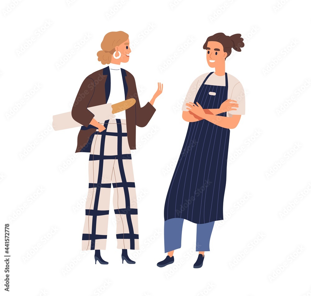 Poster small talk between buyer and seller. woman with fresh baguette chatting with friendly smiling bakery