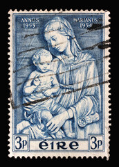 A stamp printed in Ireland shows Madonna by della Robbia, Marian Year, 1953-54, circa 1954