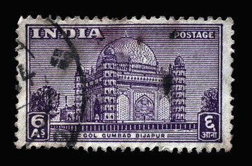 Stamp printed in India shows Gol Gumbad Bijapur - the mausoleum of Mohammed Adil Shah (1627-57),...