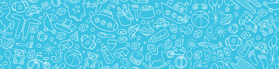 Baby boy seamless pattern. Horizontal border with toys and other kids things. Light blue background. Vector illustration.