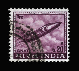 Stamp printed in India shows Gnat jet fighter, made in India by Hindustan Aircraft Industries, circa 1967